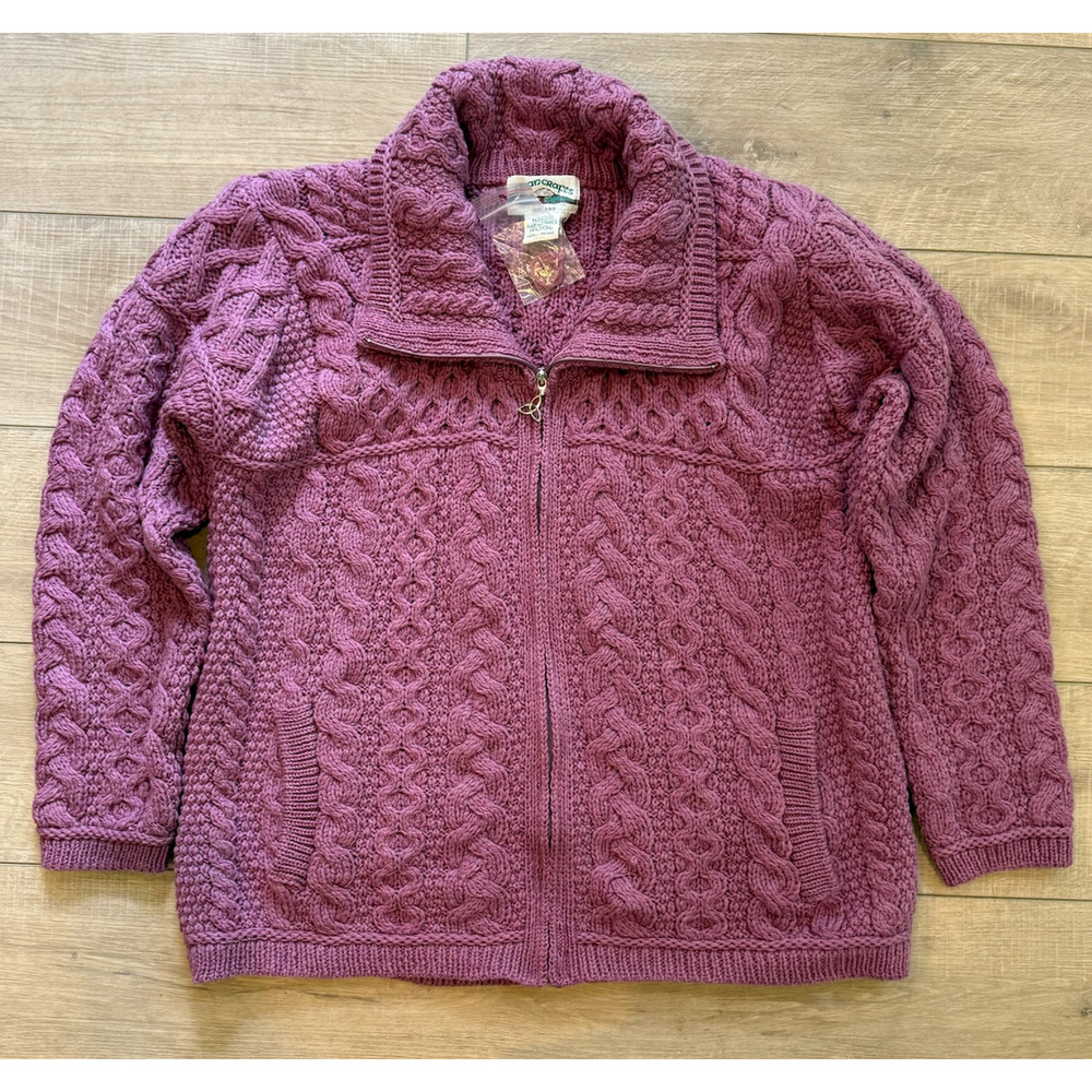 NEW ARAN CRAFTS PLUM MERINO WOOL ZIP FRONT CABLE KNIT CARDIGAN SWEATER COAT XXL - Picture 4 of 16